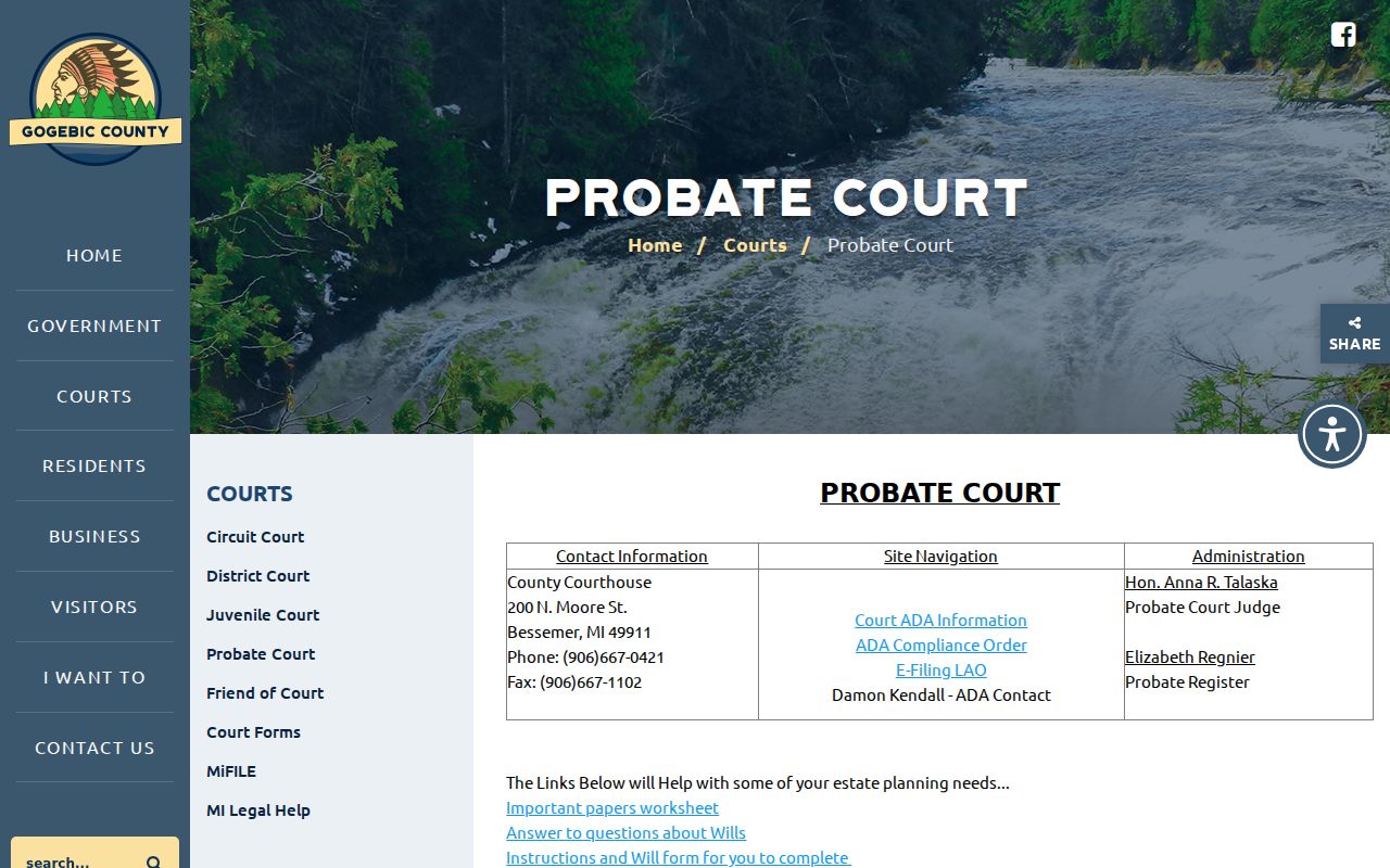 Gogebic County civil docket research showing Probate Court contact and form navigation