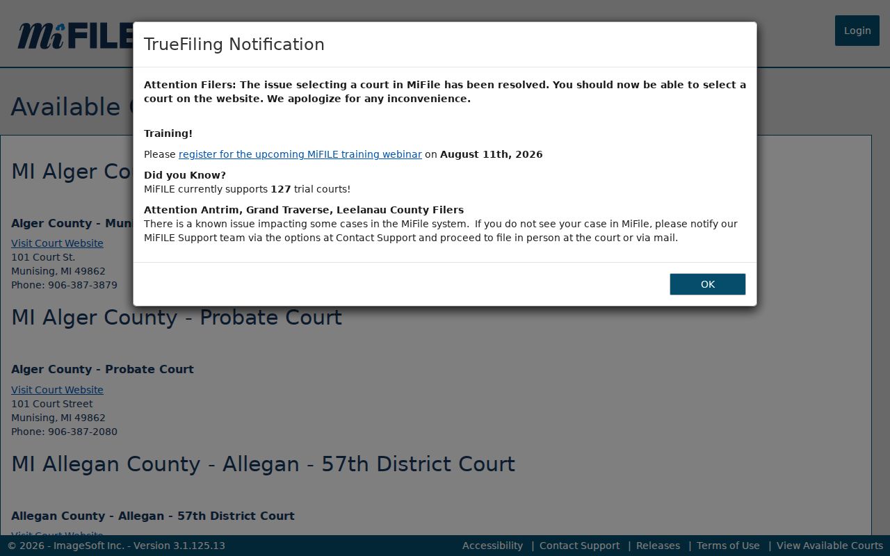 Gogebic County civil docket filing research showing MiFILE entries for 98-1 District Court and Probate Court