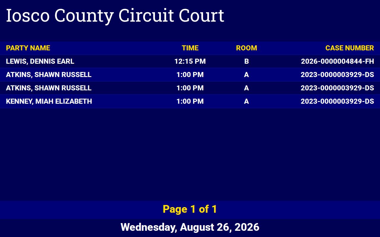Gogebic County court calendar public Court Display event row example