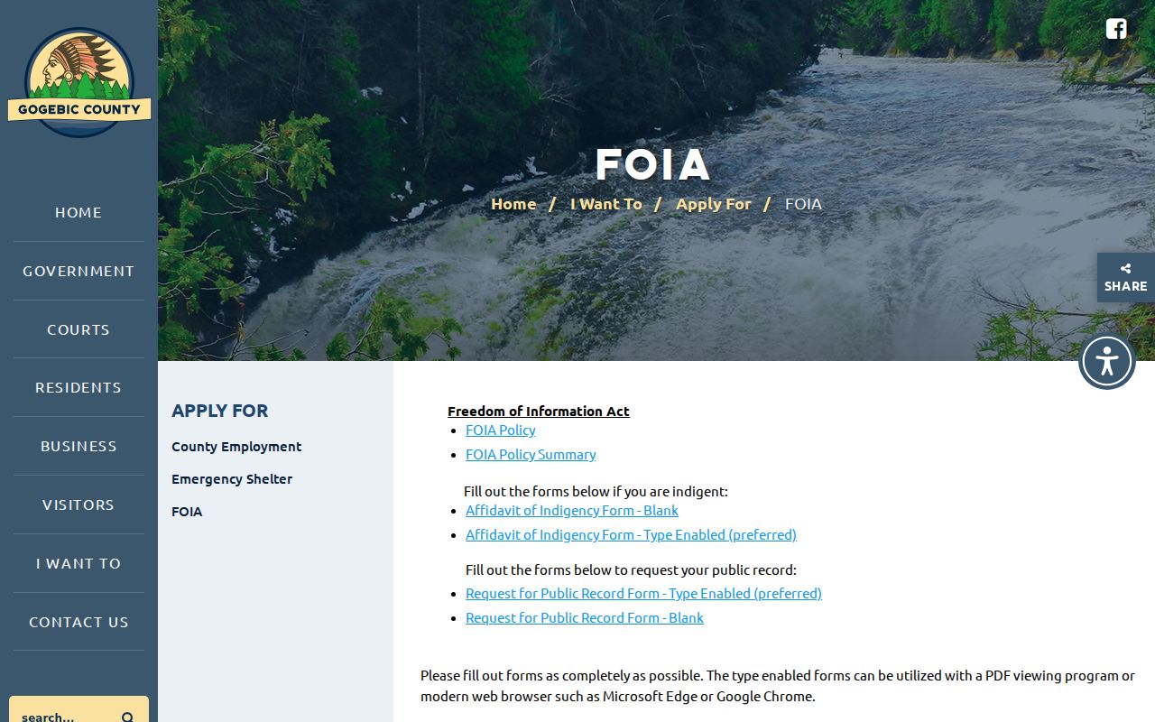 Gogebic County court records research showing county FOIA policy and request navigation