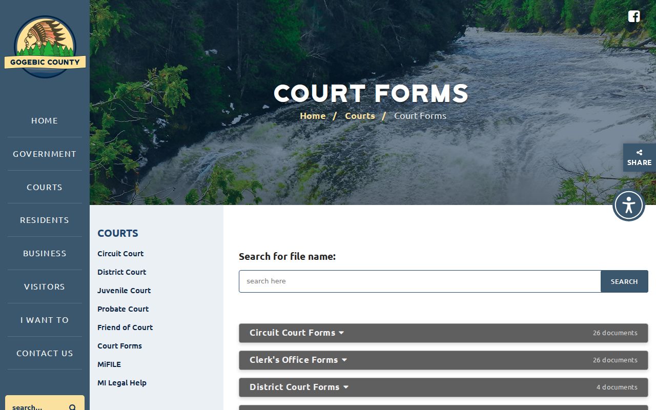 Gogebic County court records research showing court-form categories and file-name search control